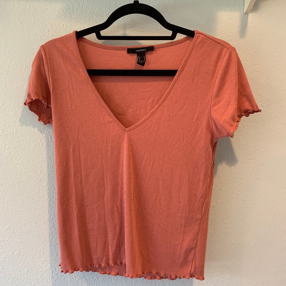 Forever 21 Size M Salmon Ruffle V Neck Top
